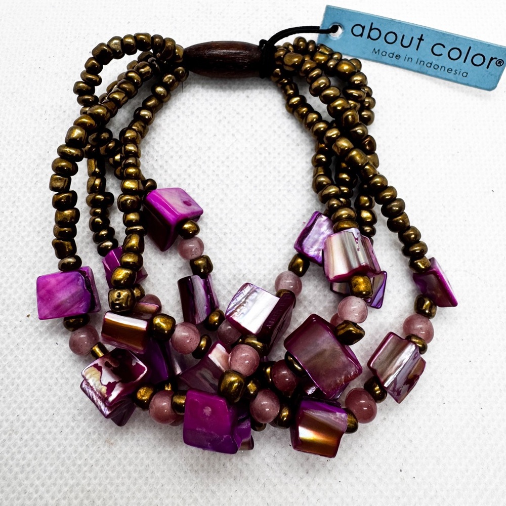 Artisan Beaded & Shell Costume Jewelry Purple NWT Necklace Bracelet Earrings Set - Picture 5 of 9